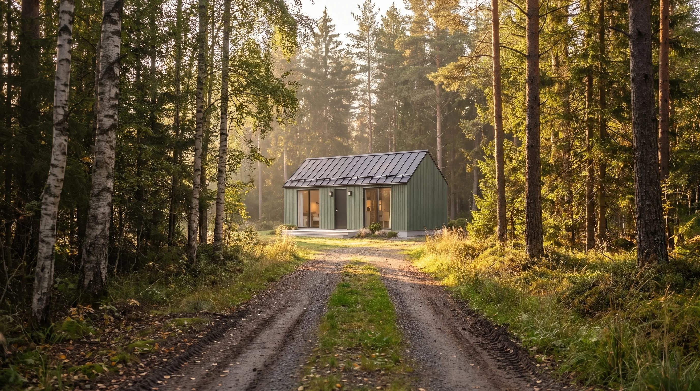 Sorapolku johtaa Loke 30 -taloon aurinkoisella metsäaukiolla