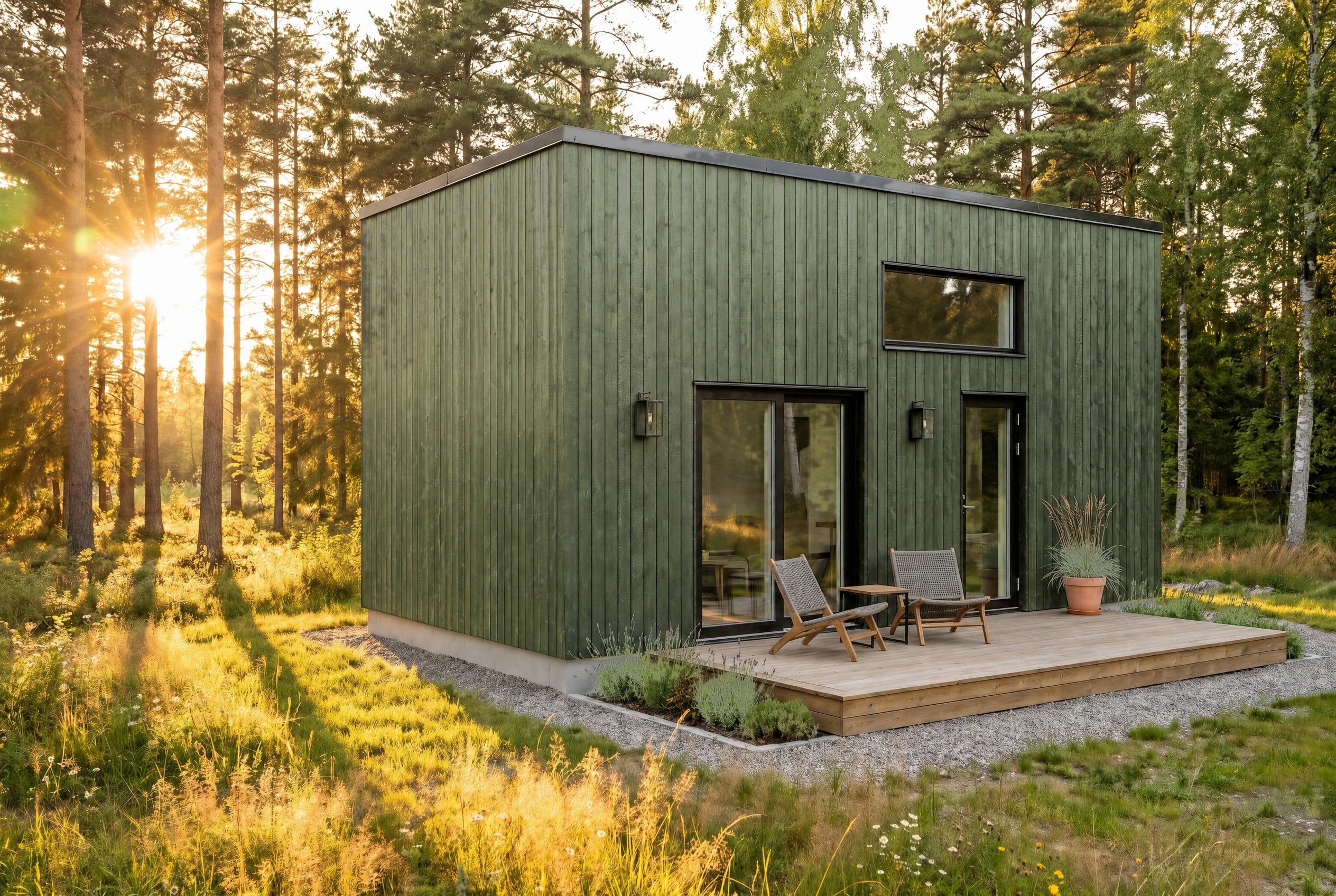 Saga — 4×7.45m platt tak, vitrioninvihreä vertikal panel, kultainen niitty